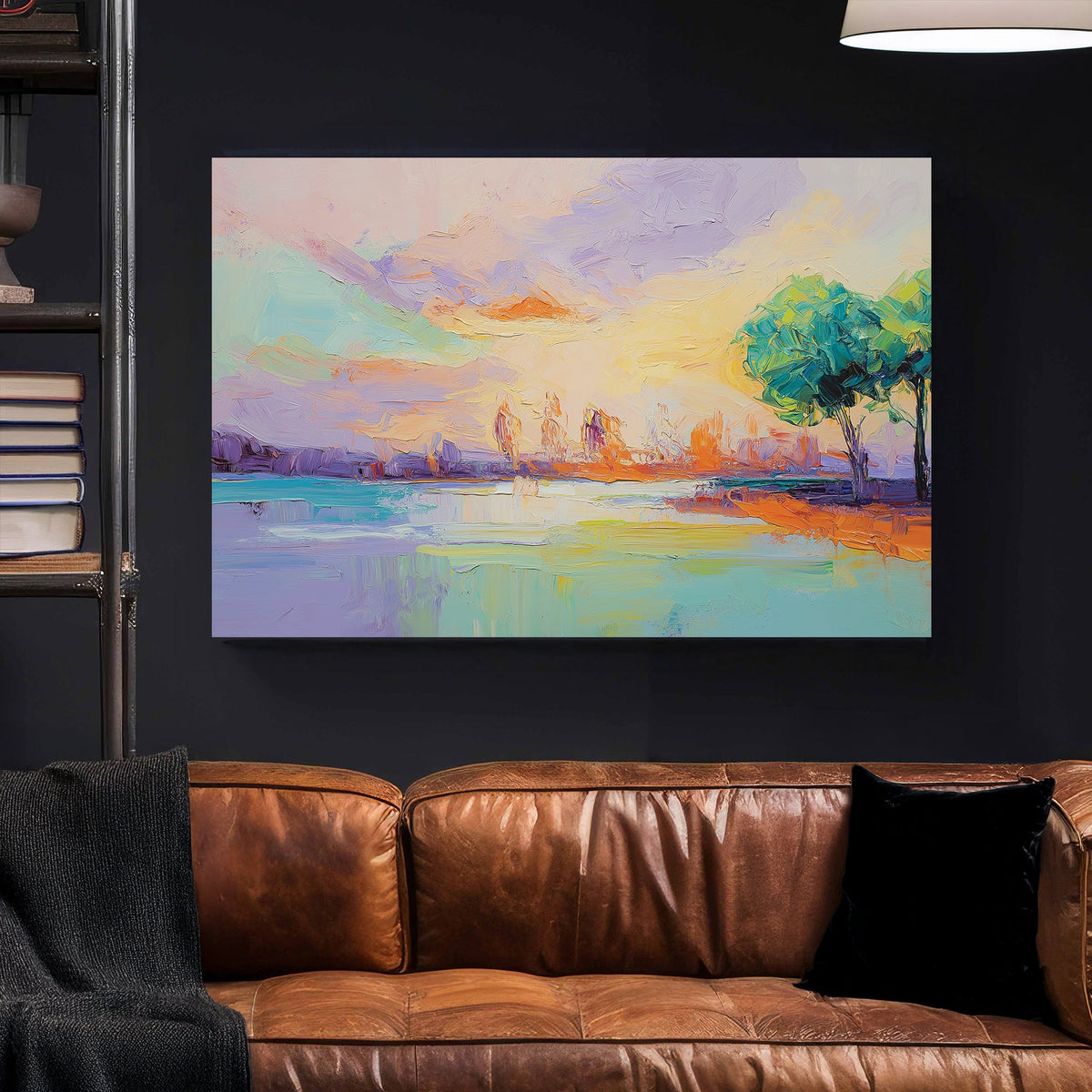 vibrant pastel lake sunset wall art with trees