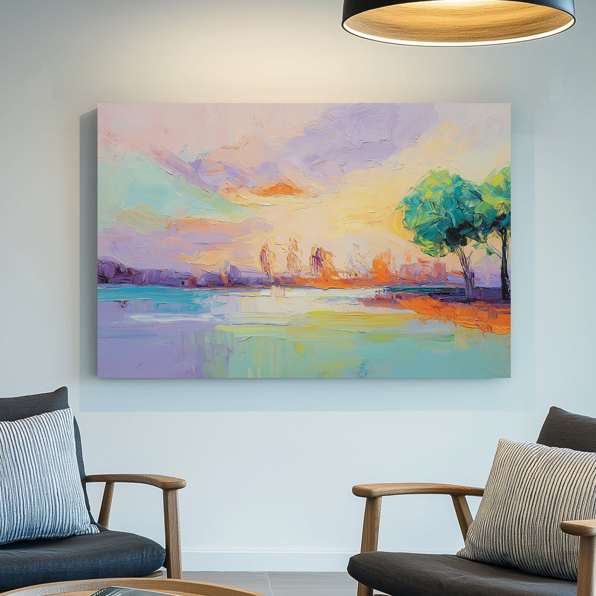 vibrant pastel lake sunset wall art with trees