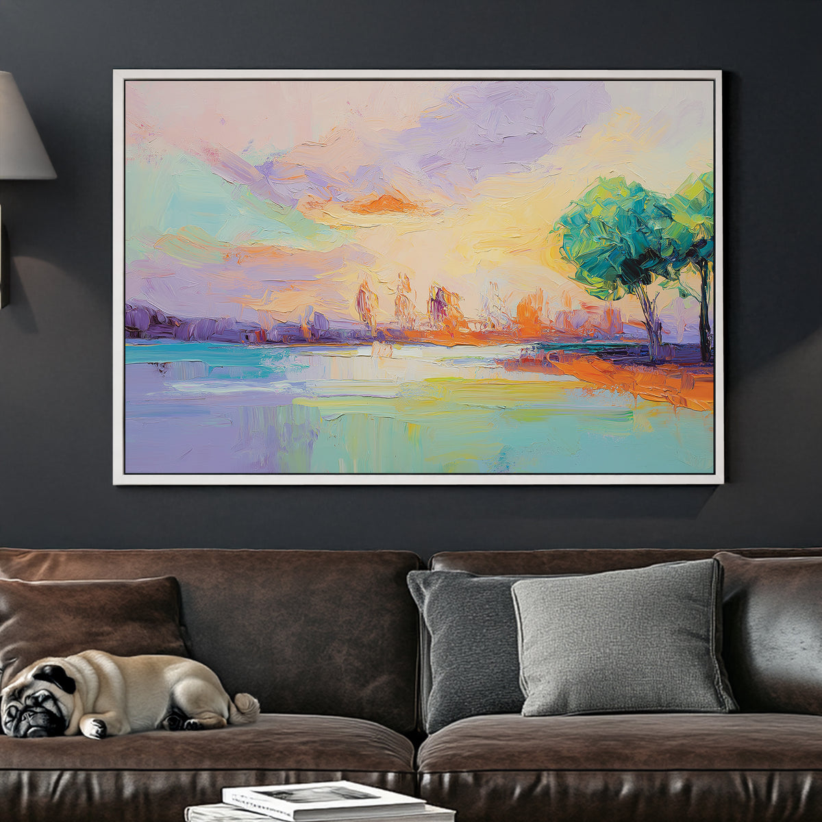 vibrant pastel lake sunset wall art with trees