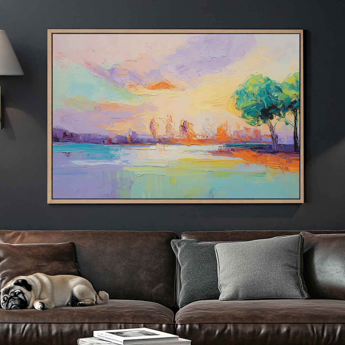 vibrant pastel lake sunset wall art with trees