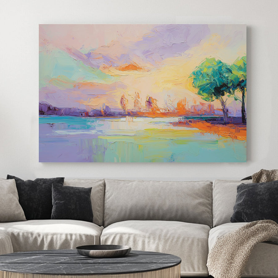 vibrant pastel lake sunset wall art with trees