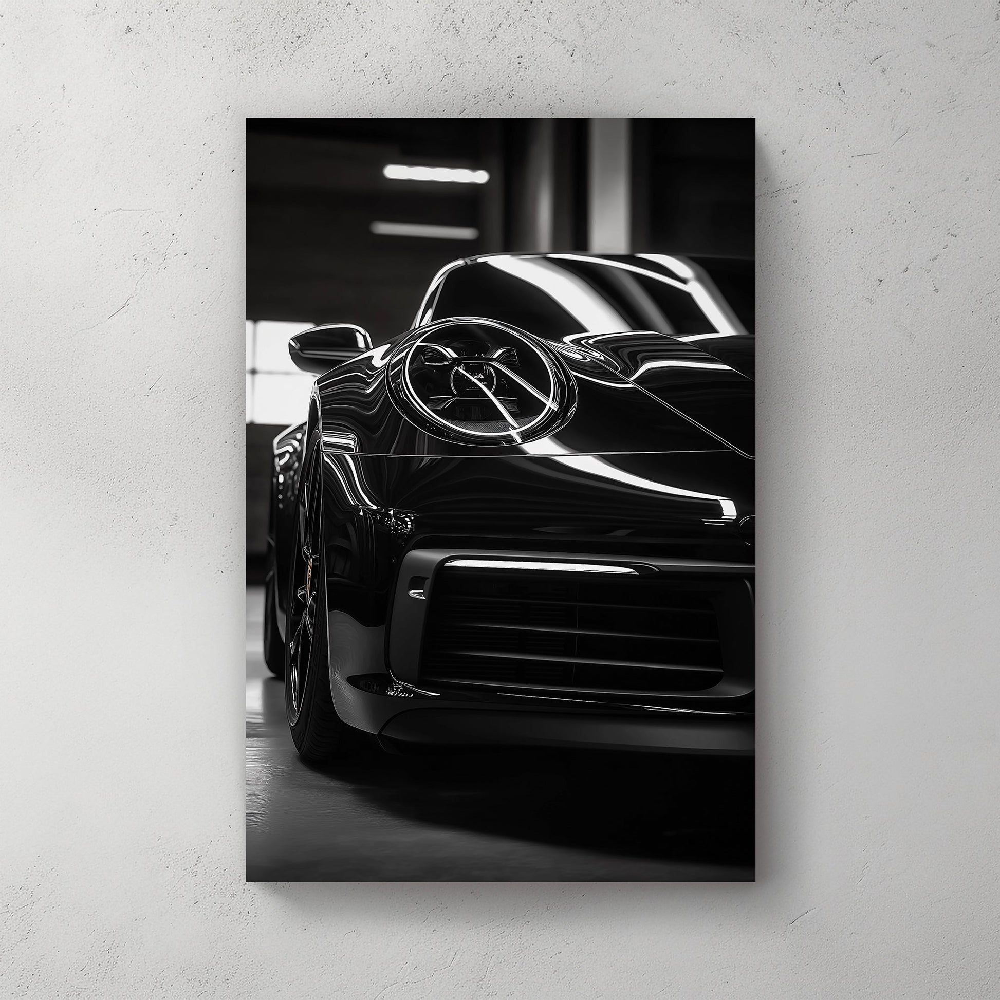 black and white porsche close-up wall art