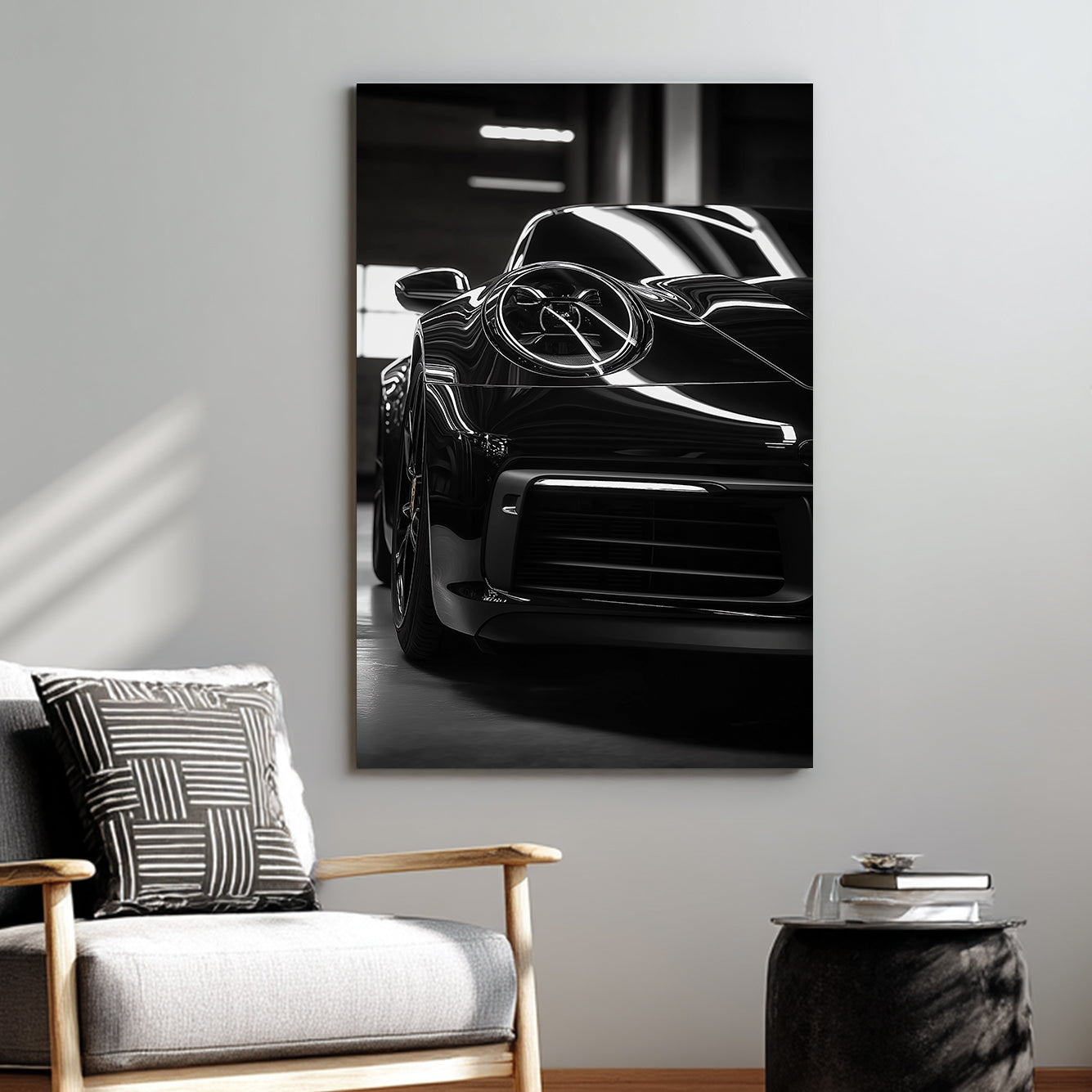 black and white porsche close-up wall art