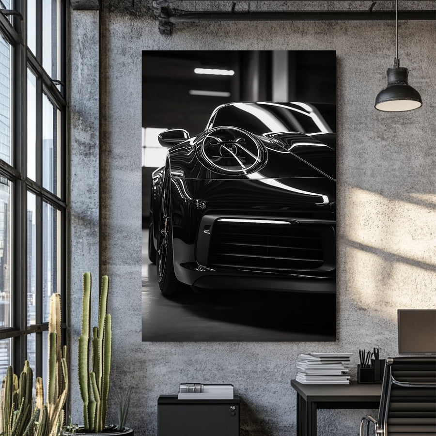black and white porsche close-up wall art