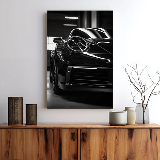 black and white porsche close-up wall art