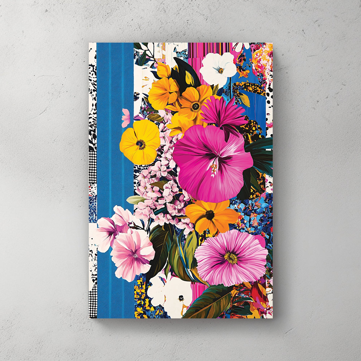 vibrant floral pop art style wall art with yellow and pink flowers
