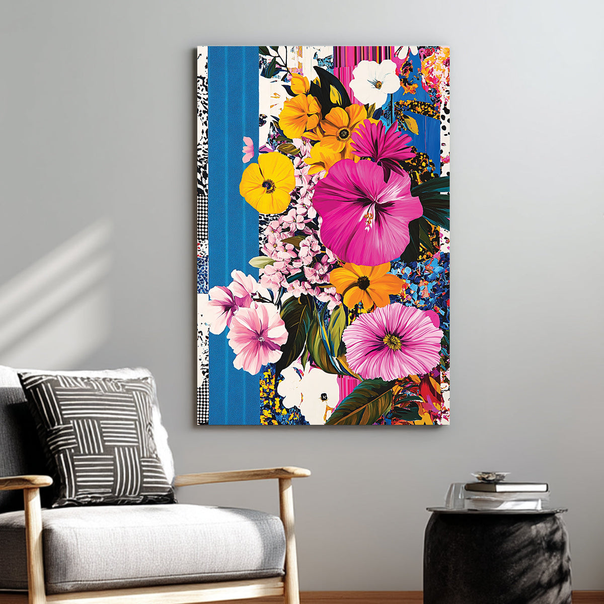 vibrant floral pop art style wall art with yellow and pink flowers