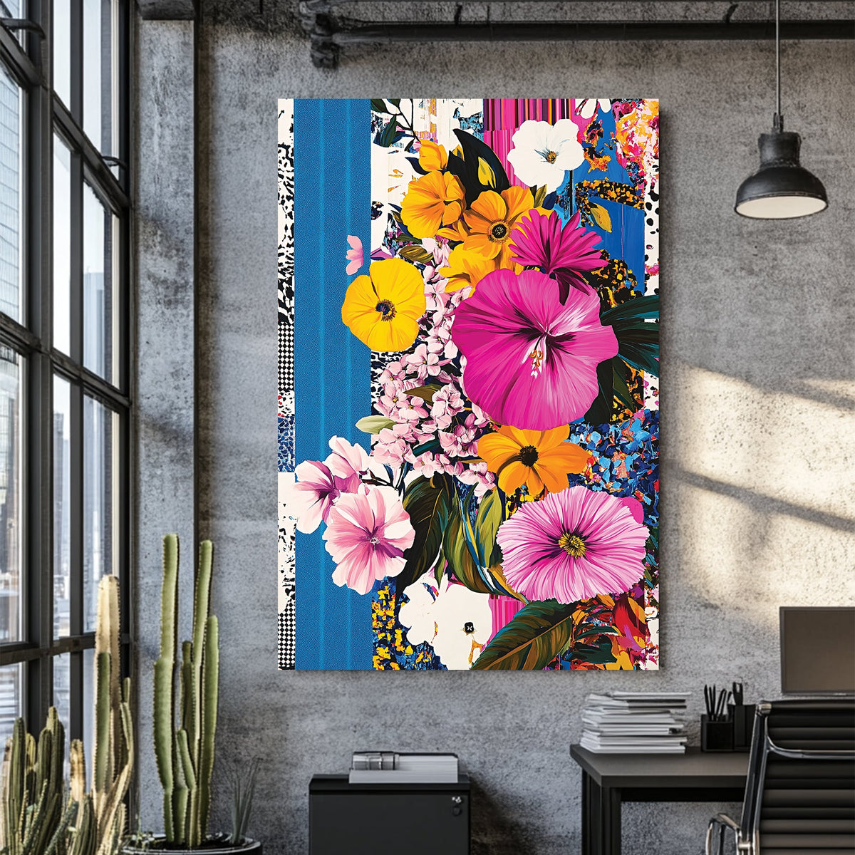 vibrant floral pop art style wall art with yellow and pink flowers