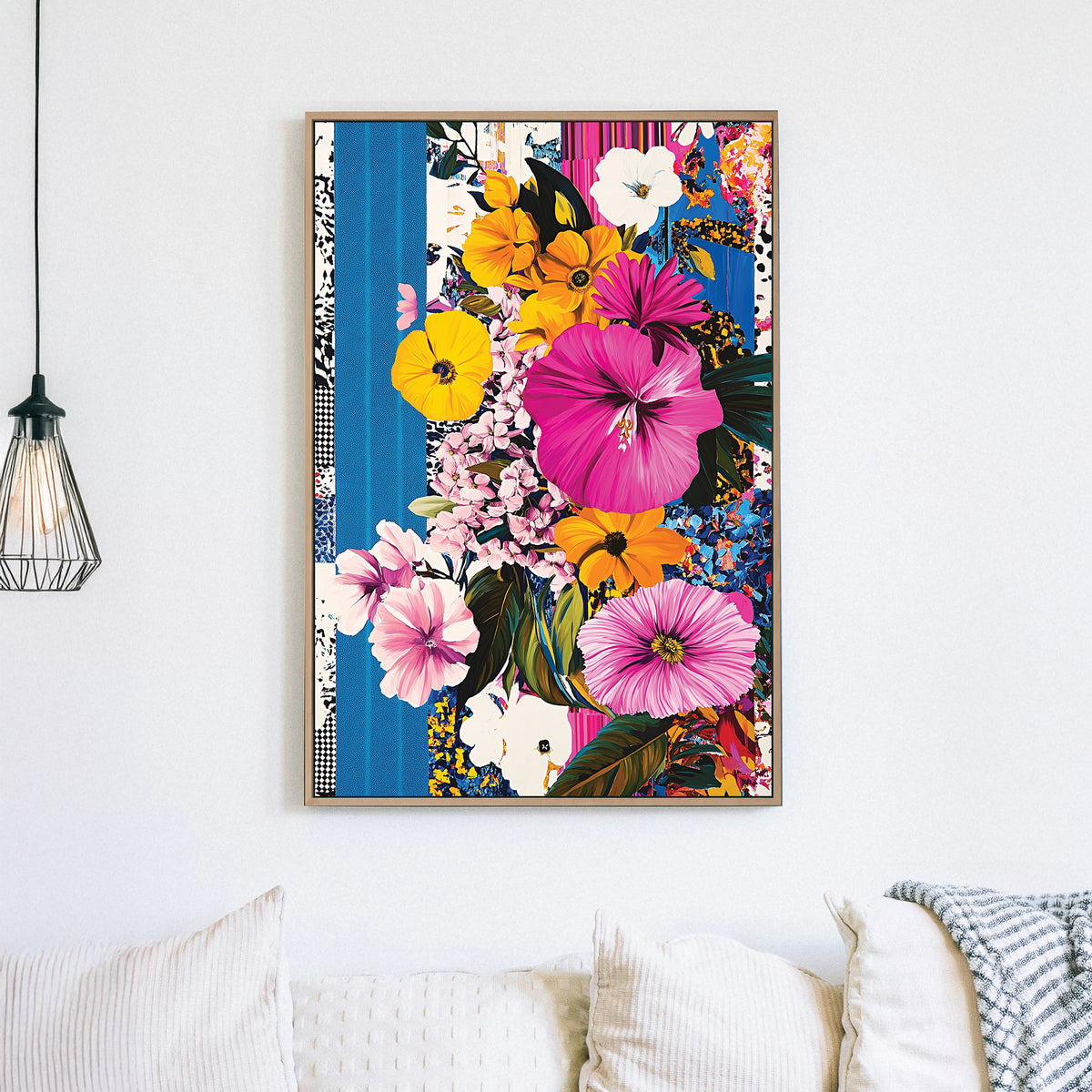 vibrant floral pop art style wall art with yellow and pink flowers
