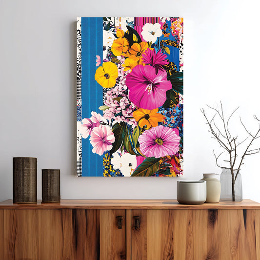 vibrant floral pop art style wall art with yellow and pink flowers