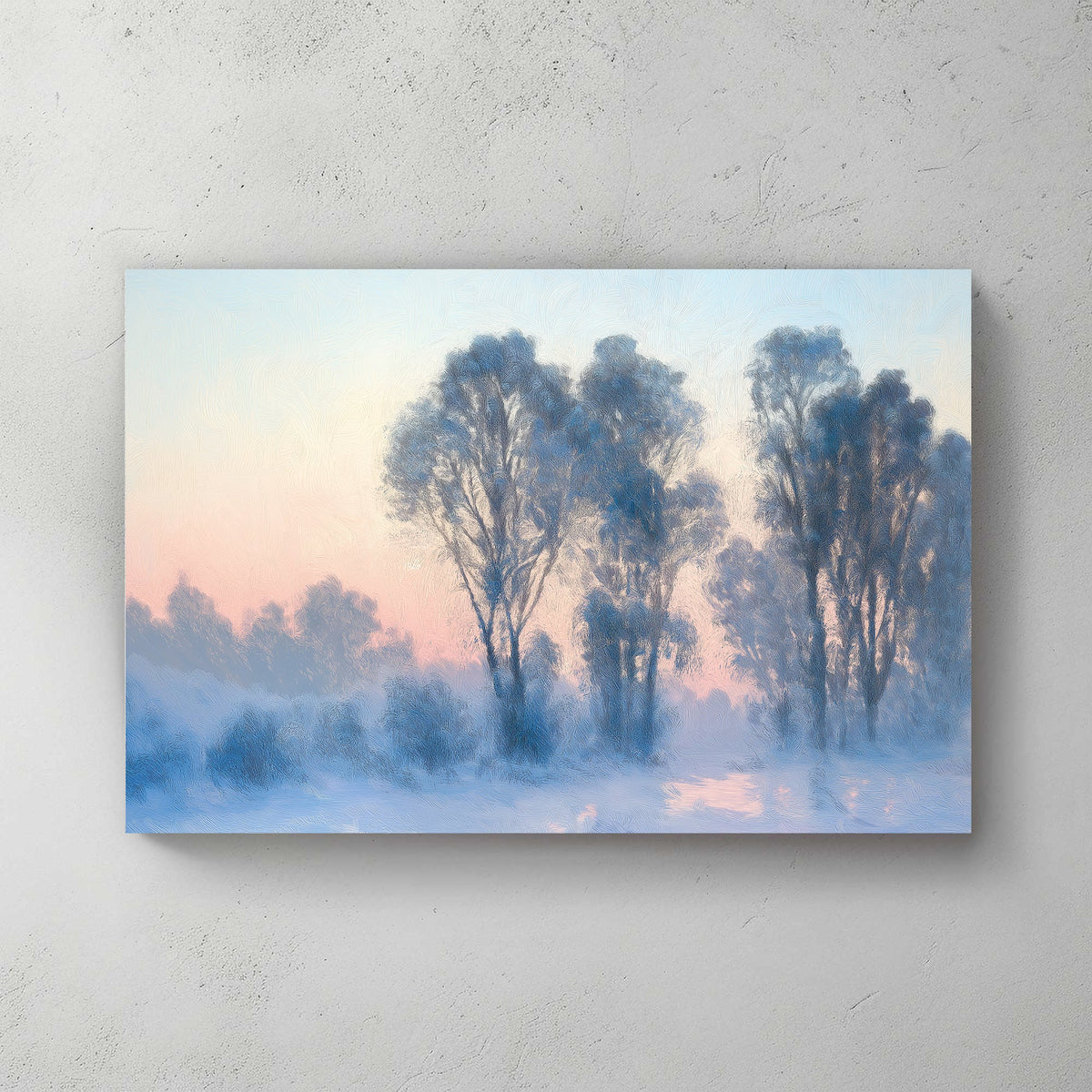 serene winter landscape wall art with frosted trees and pastel sky