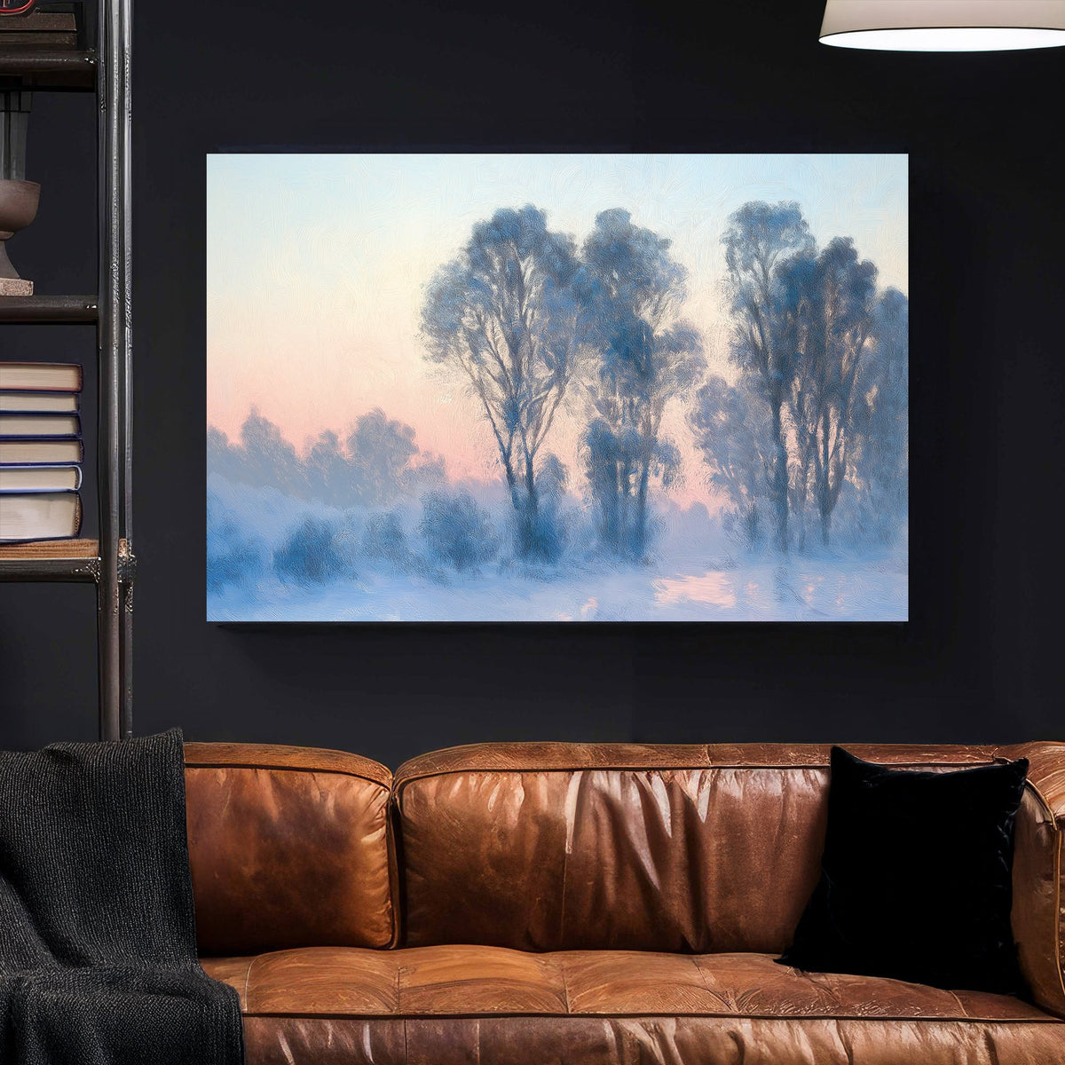 serene winter landscape wall art with frosted trees and pastel sky