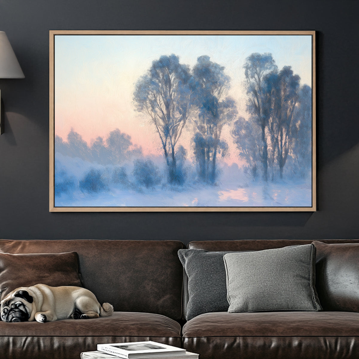 serene winter landscape wall art with frosted trees and pastel sky