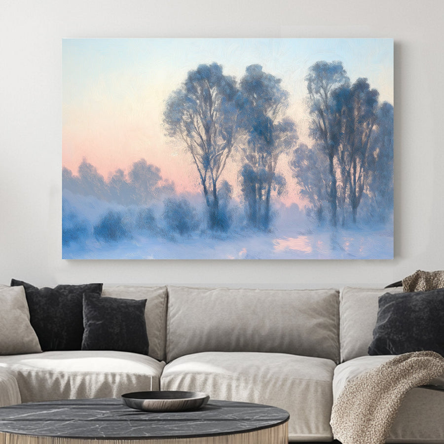 serene winter landscape wall art with frosted trees and pastel sky
