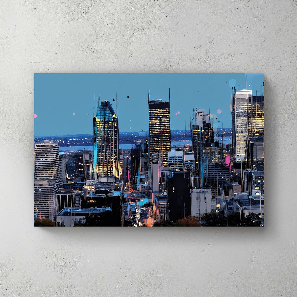Montreal skyline at night cityscape wall art in neon tones