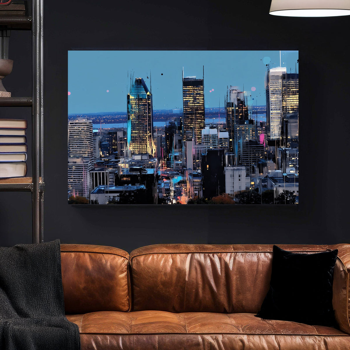Montreal skyline at night cityscape wall art in neon tones