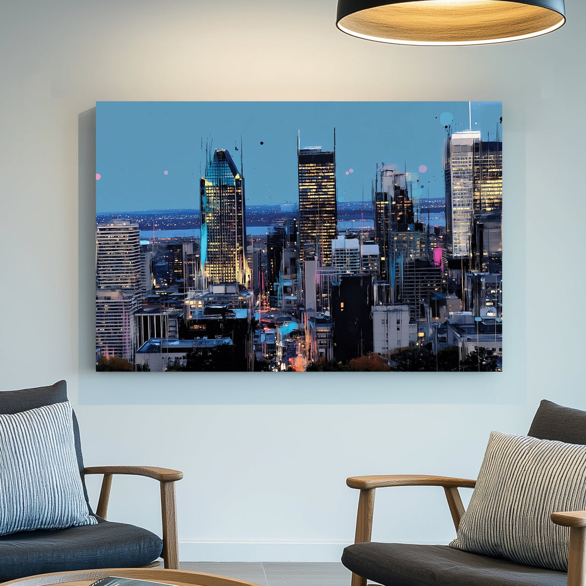 Montreal skyline at night cityscape wall art in neon tones