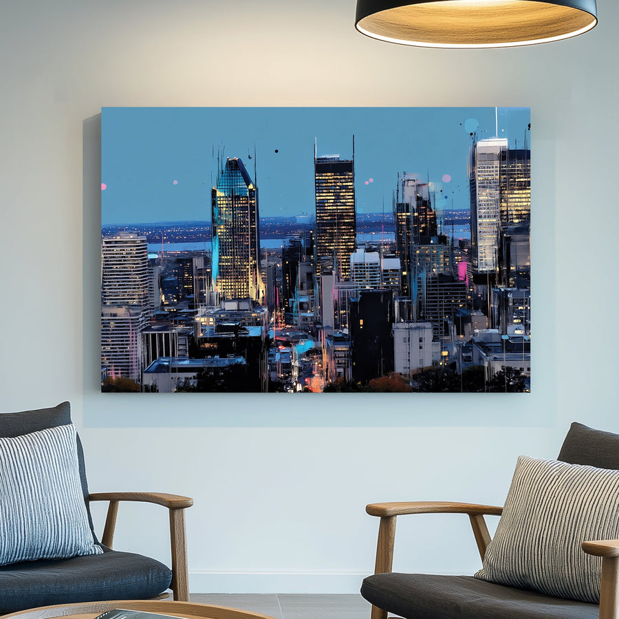 Montreal skyline at night cityscape wall art in neon tones