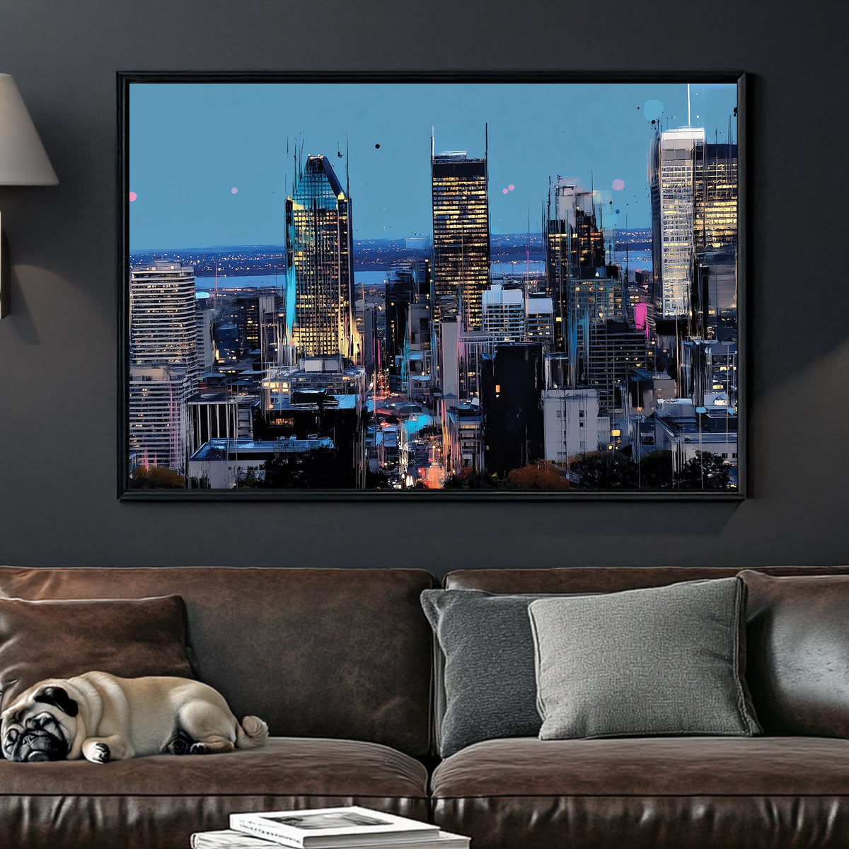 Montreal skyline at night cityscape wall art in neon tones