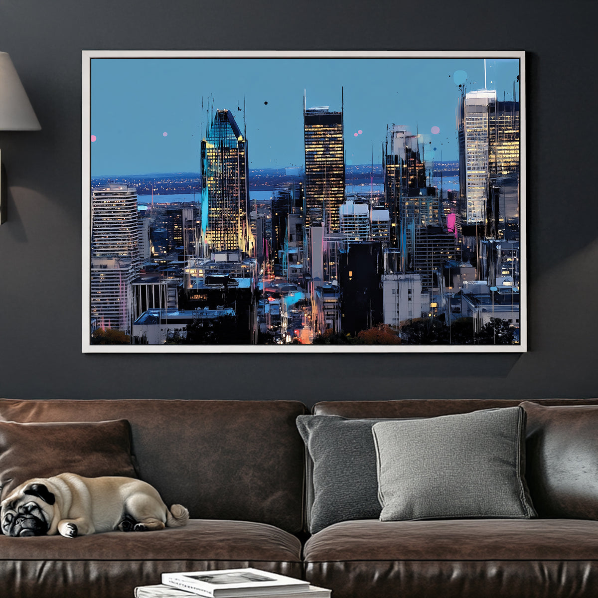 Montreal skyline at night cityscape wall art in neon tones