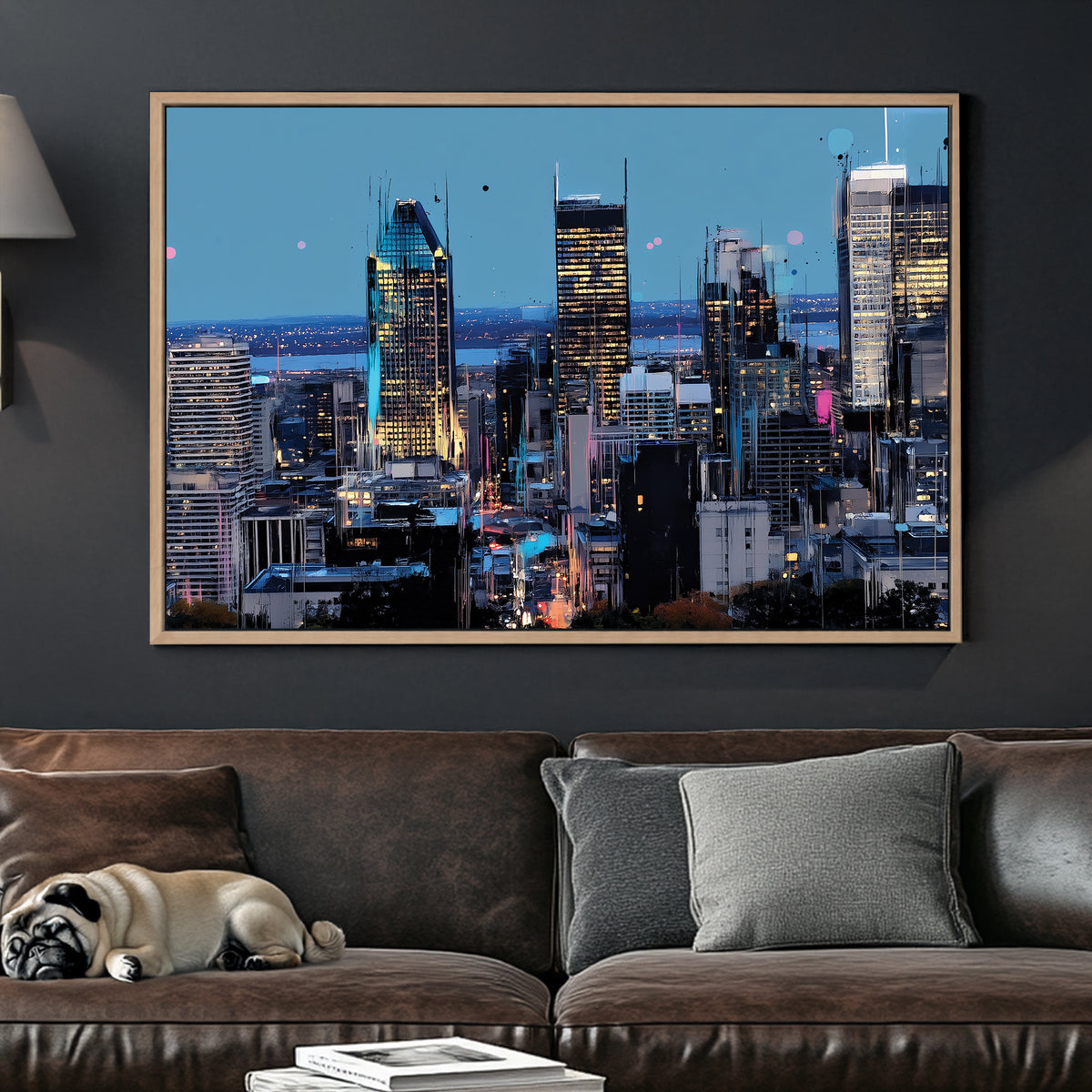 Montreal skyline at night cityscape wall art in neon tones