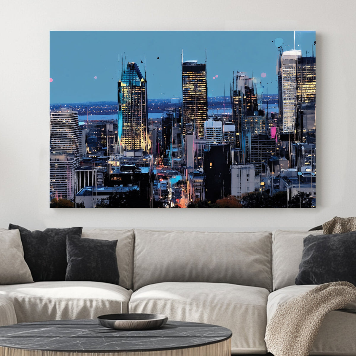 Montreal skyline at night cityscape wall art in neon tones