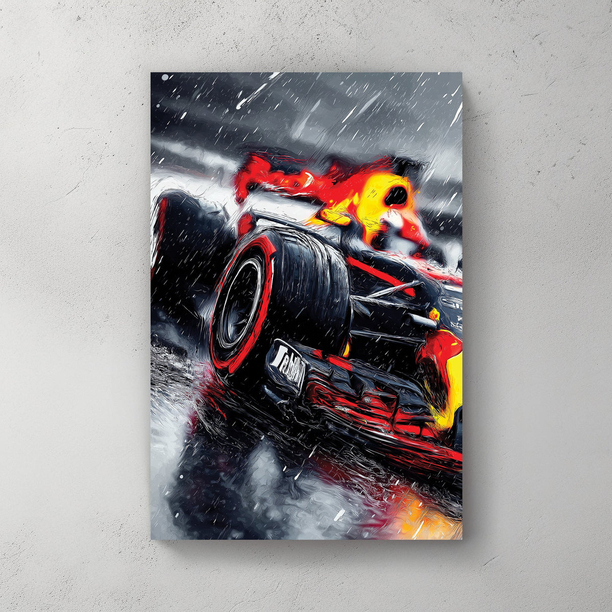 Red Bull Formula 1 racing wall art in rainy weather