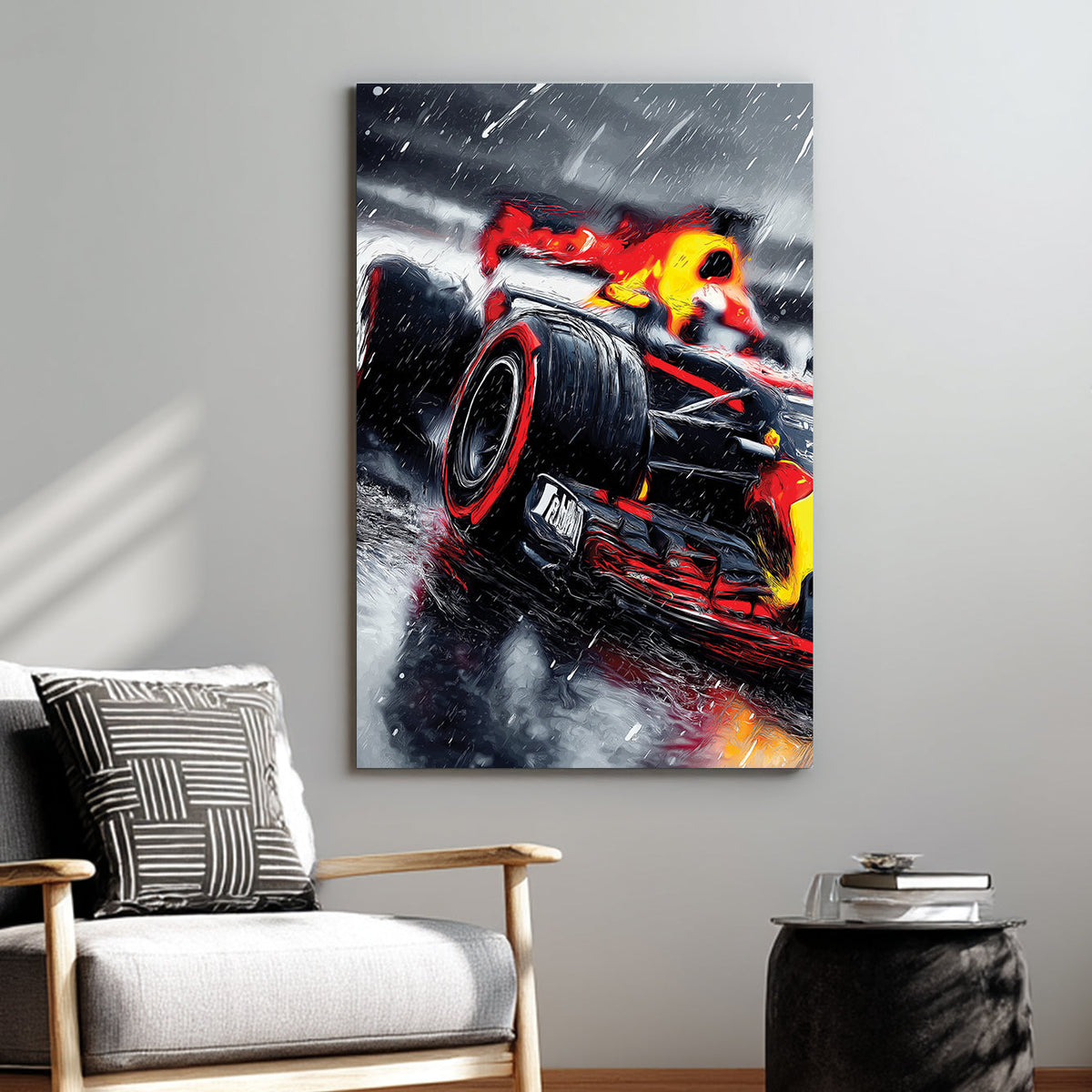 Red Bull Formula 1 racing wall art in rainy weather