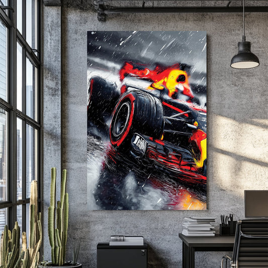 Red Bull Formula 1 racing wall art in rainy weather