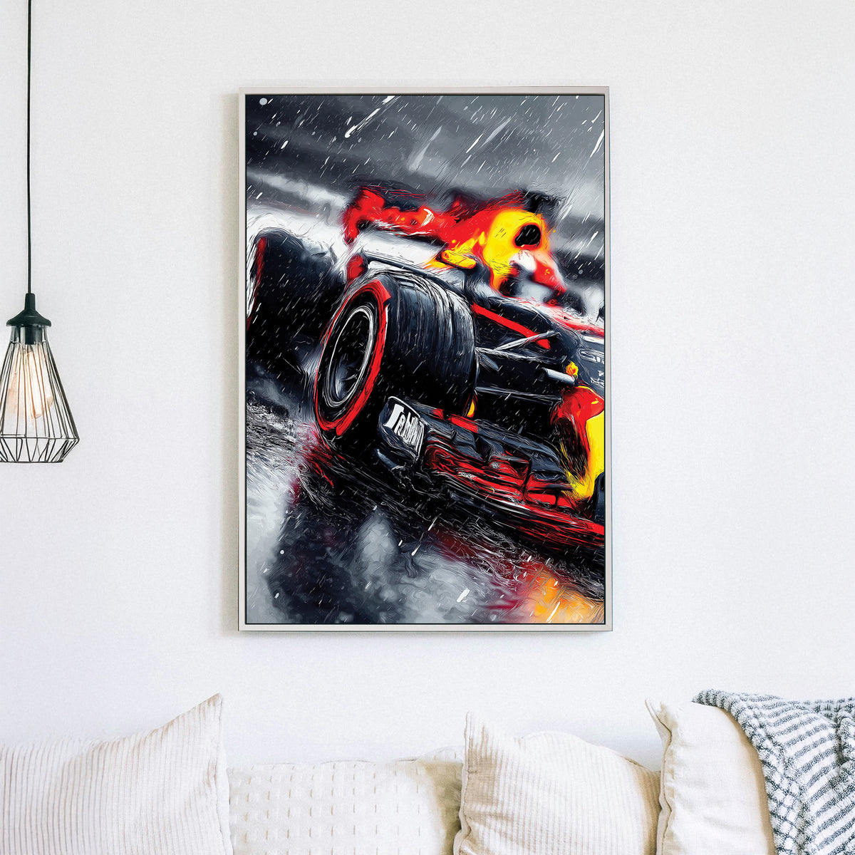 Red Bull Formula 1 racing wall art in rainy weather