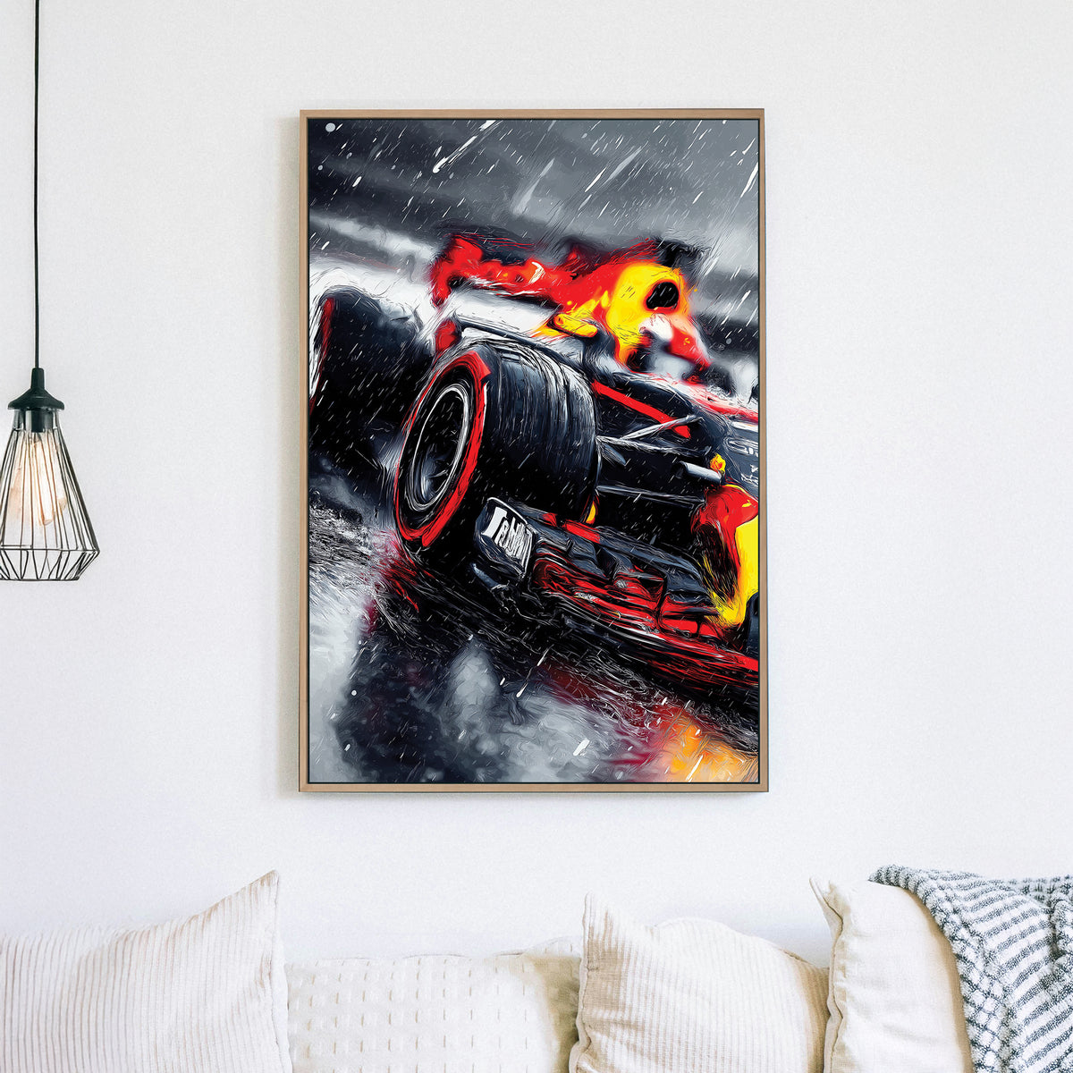 Red Bull Formula 1 racing wall art in rainy weather