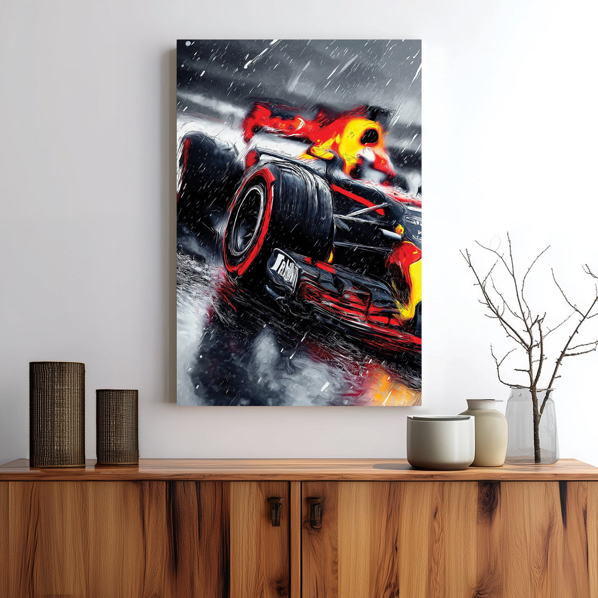 Red Bull Formula 1 racing wall art in rainy weather