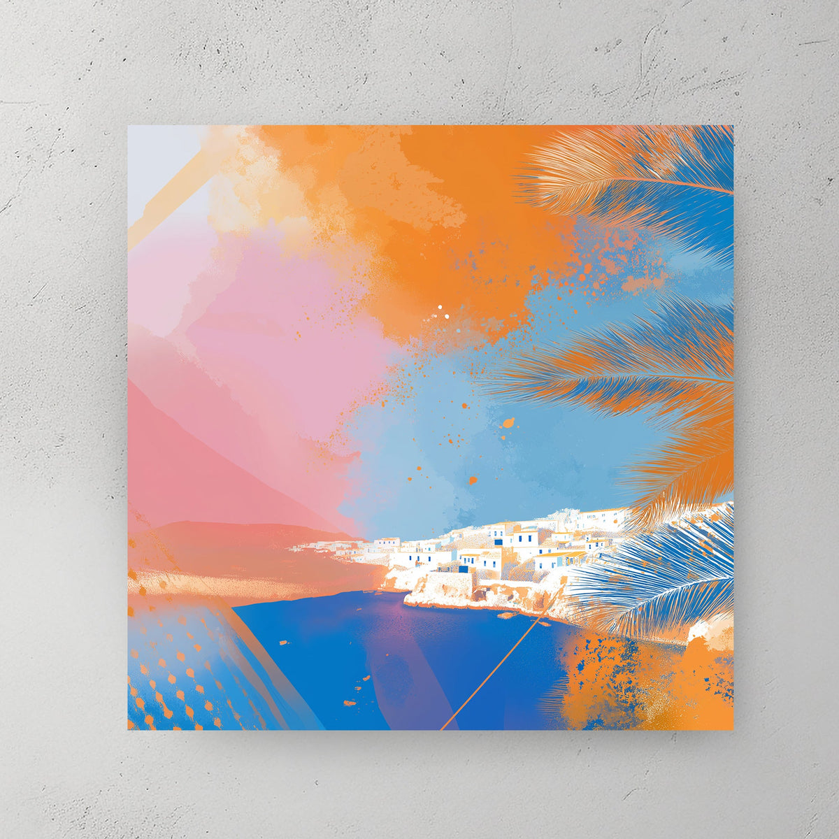 Santorini coast modern abstract wall art with vibrant palm leaves and ocean view