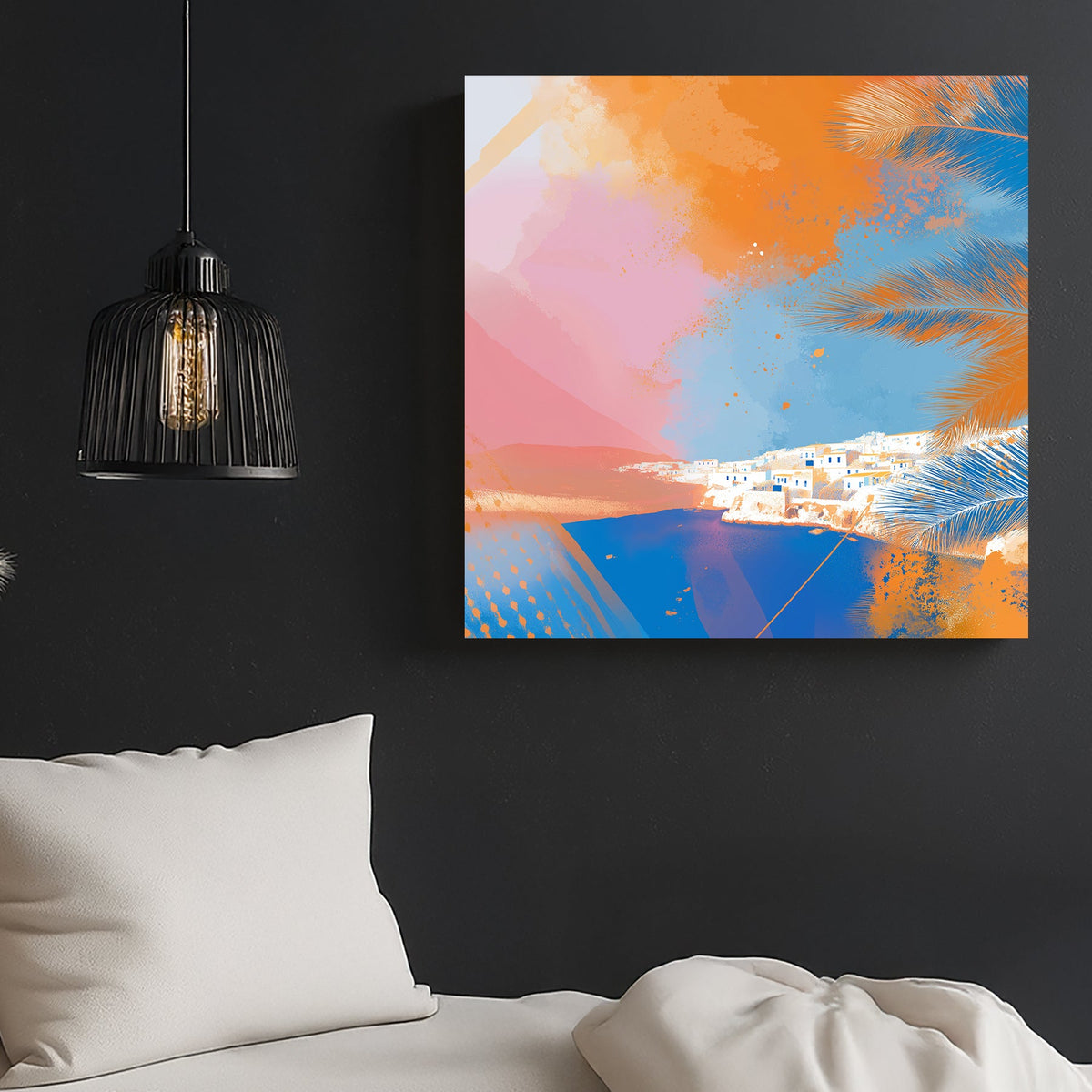 Santorini coast modern abstract wall art with vibrant palm leaves and ocean view