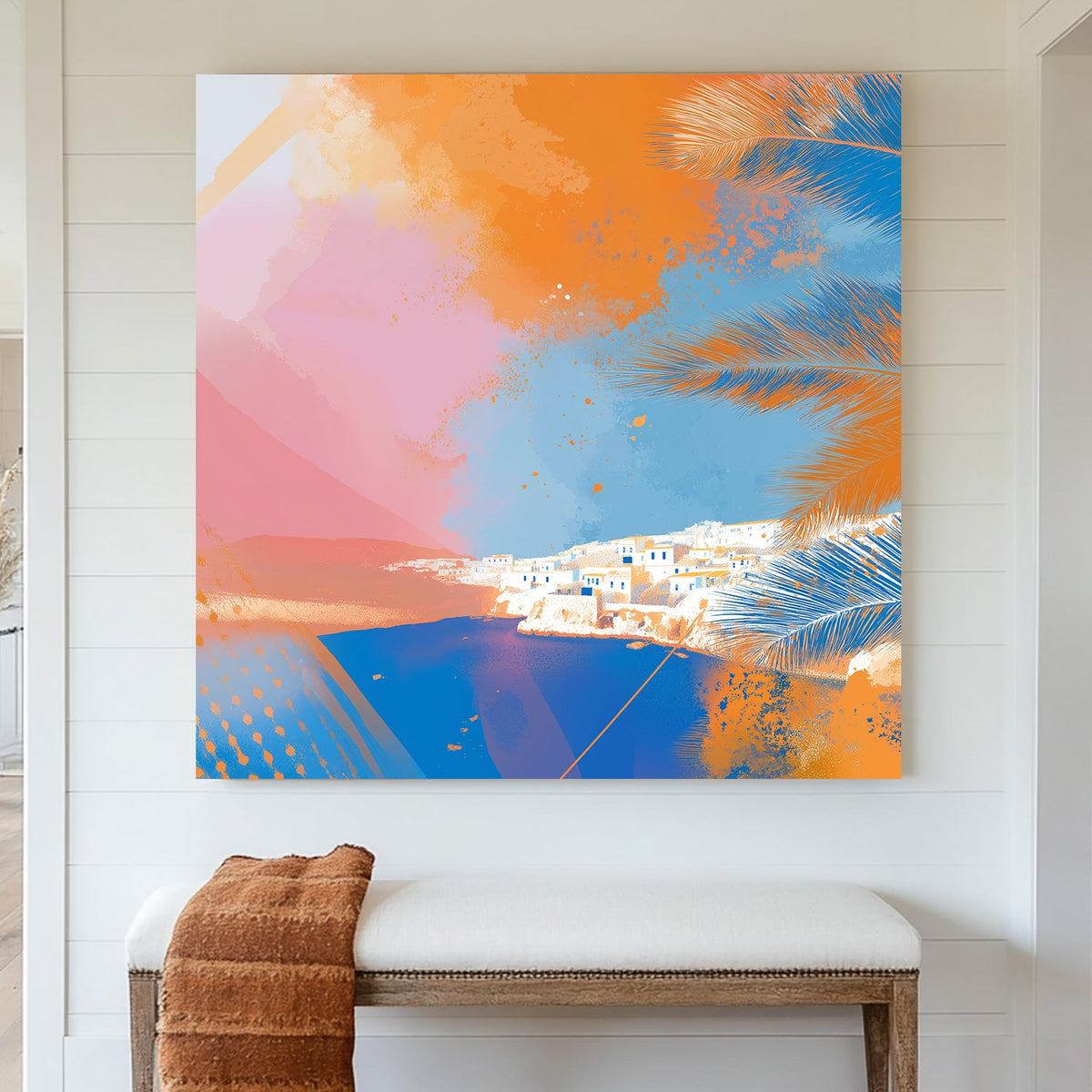 Santorini coast modern abstract wall art with vibrant palm leaves and ocean view
