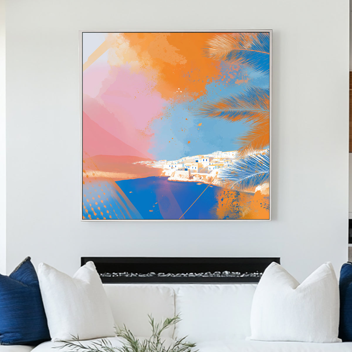 Santorini coast modern abstract wall art with vibrant palm leaves and ocean view