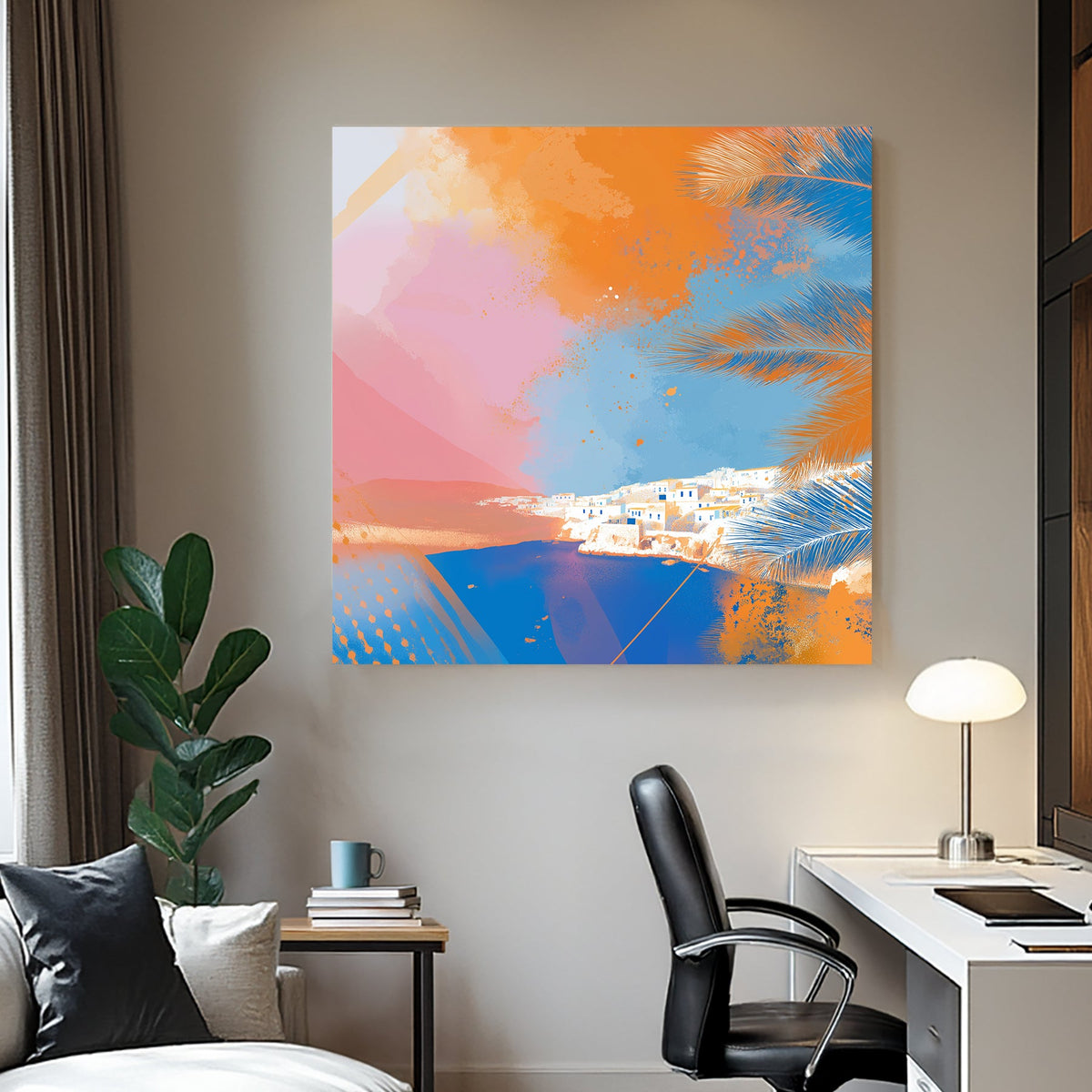 Santorini coast modern abstract wall art with vibrant palm leaves and ocean view