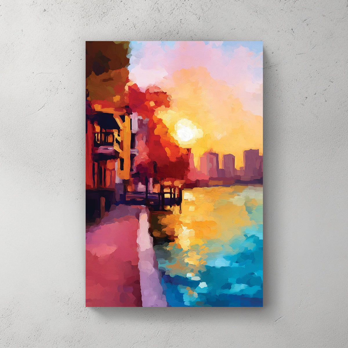Sunset city waterfront wall art with golden sky and vibrant reflections