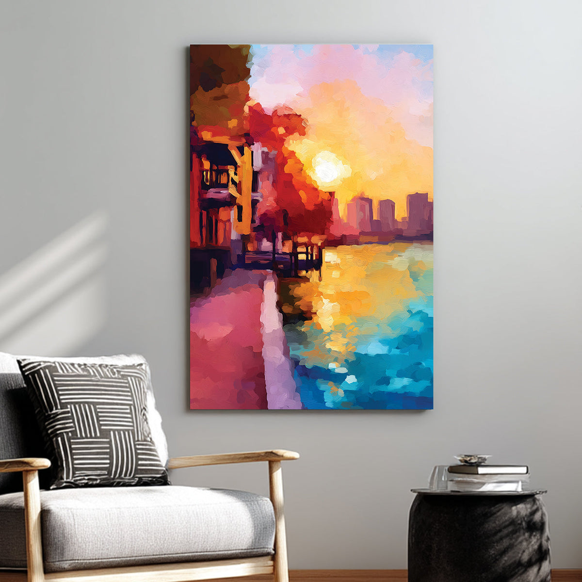 Sunset city waterfront wall art with golden sky and vibrant reflections