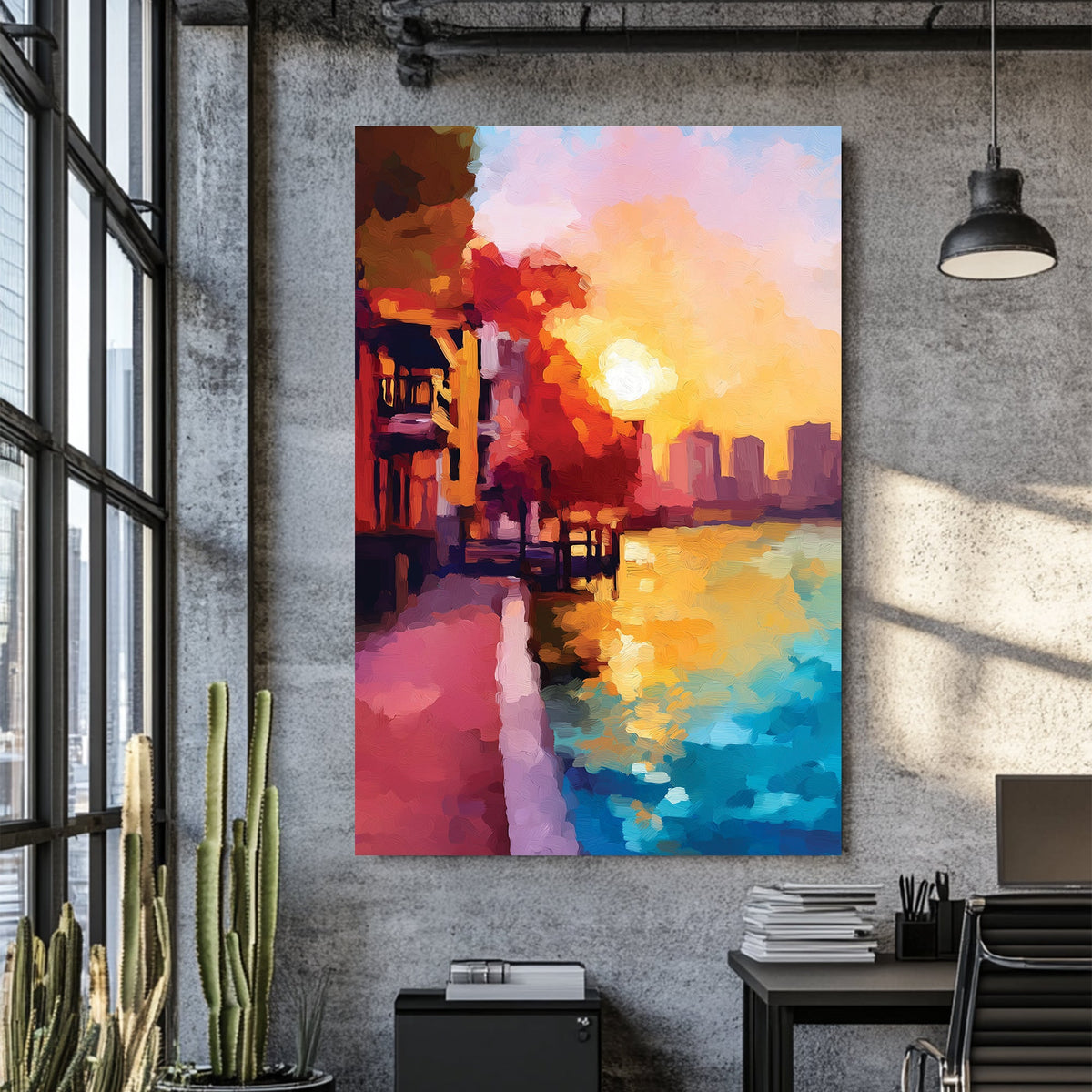 Sunset city waterfront wall art with golden sky and vibrant reflections