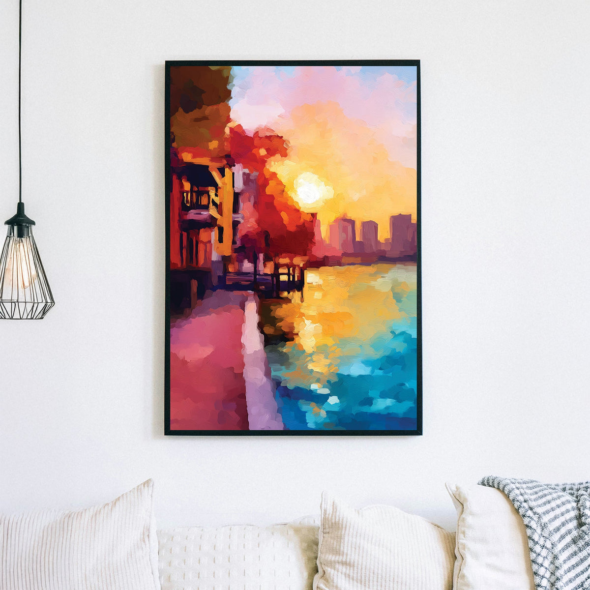 Sunset city waterfront wall art with golden sky and vibrant reflections