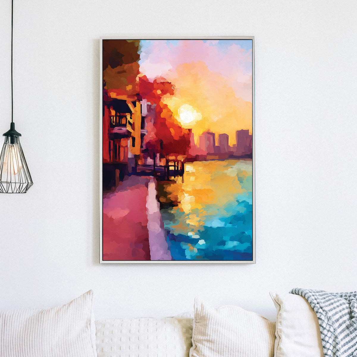 Sunset city waterfront wall art with golden sky and vibrant reflections