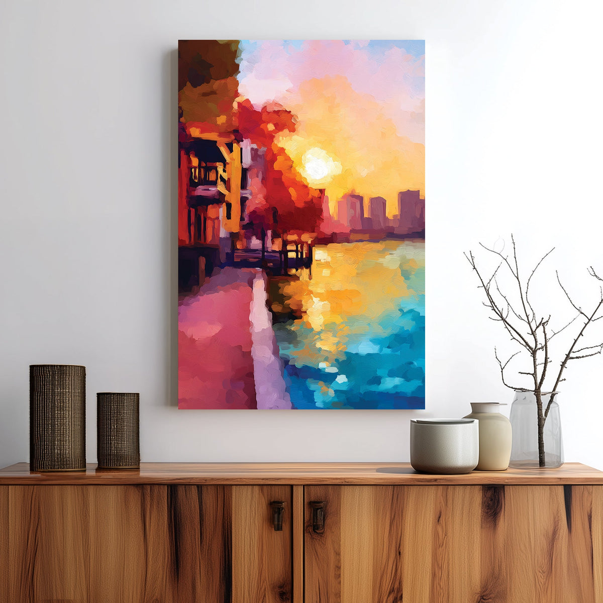 Sunset city waterfront wall art with golden sky and vibrant reflections