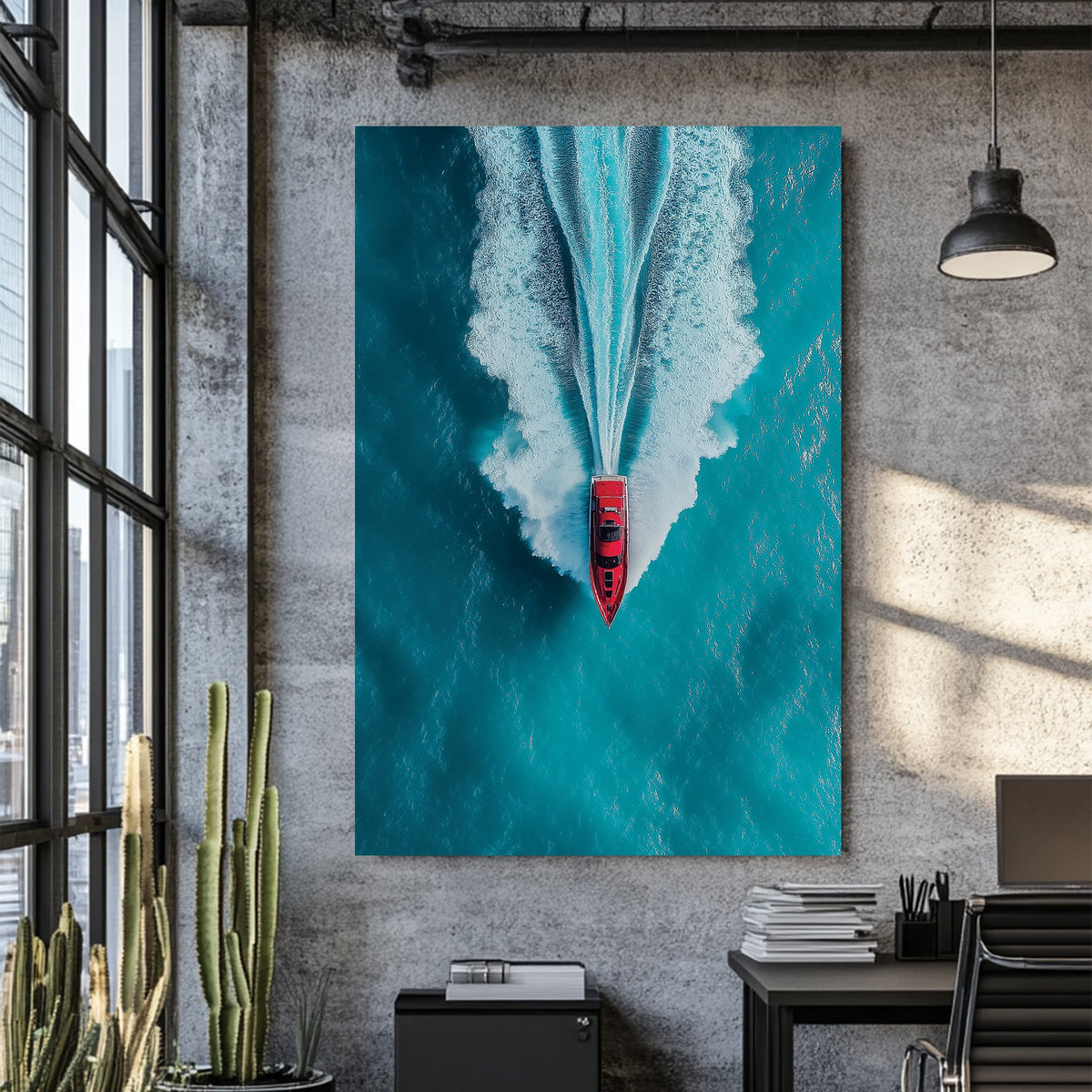 Aerial wall art of red boat speeding across turquoise ocean
