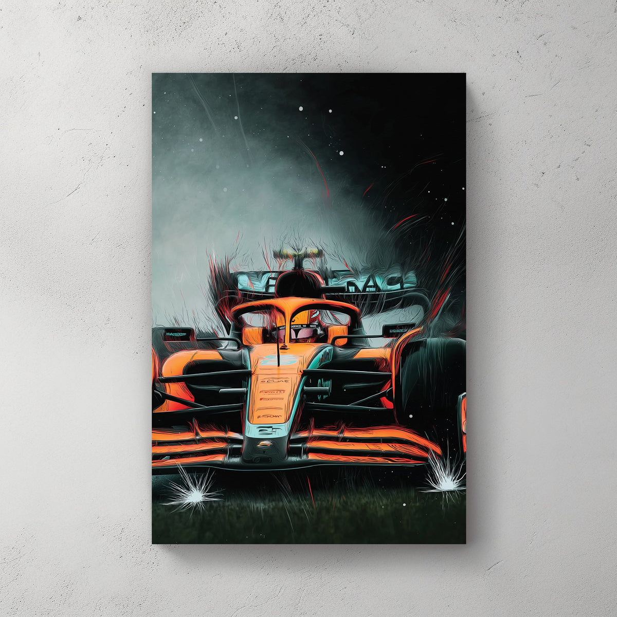 Wall art of a McLaren F1 car racing through mist and sparks