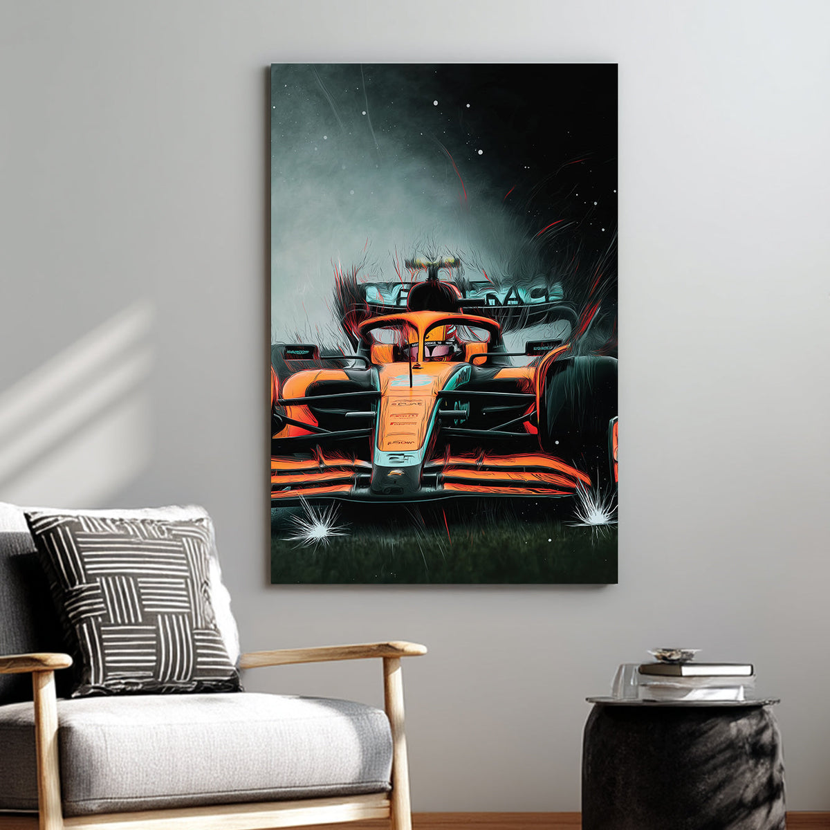 Wall art of a McLaren F1 car racing through mist and sparks