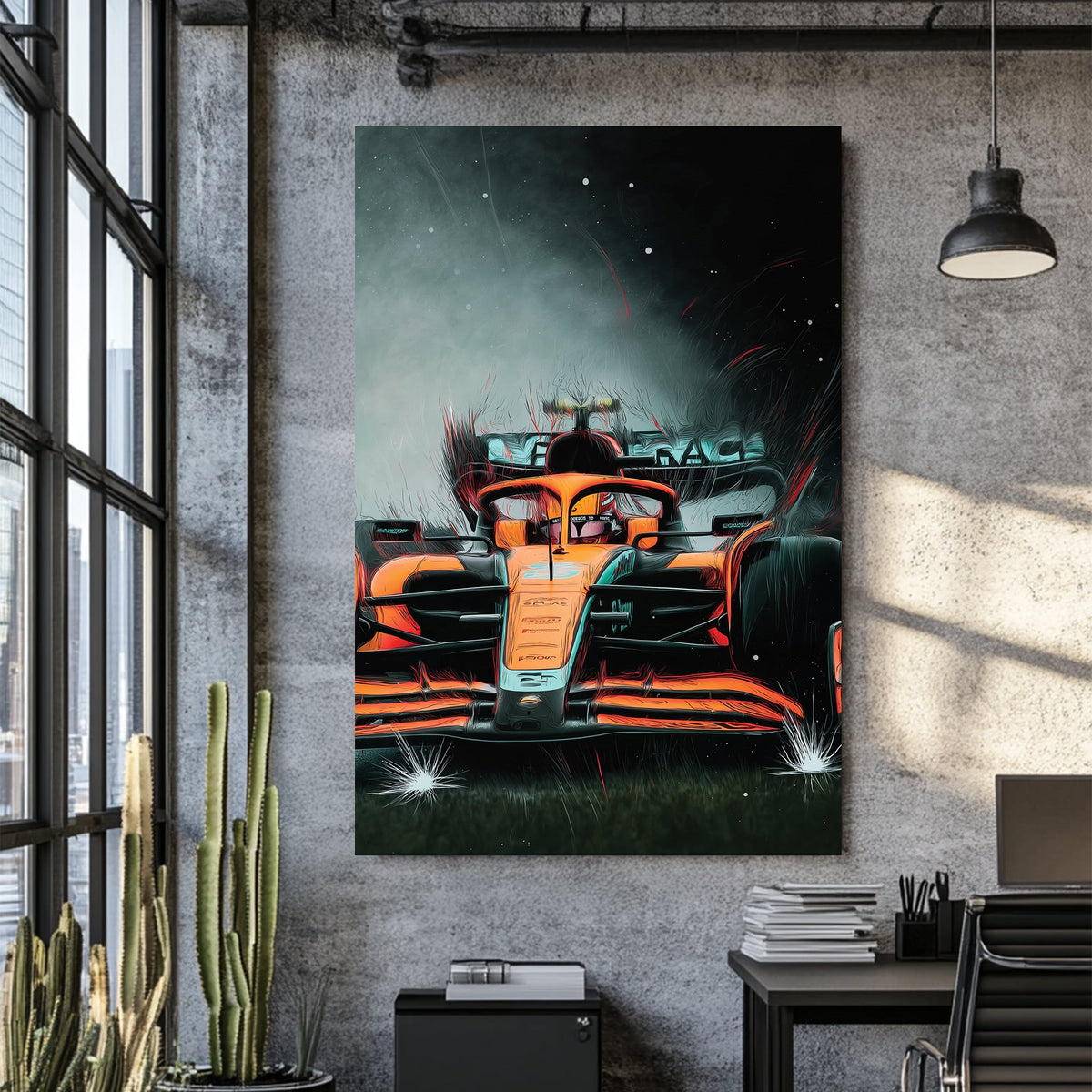 Wall art of a McLaren F1 car racing through mist and sparks