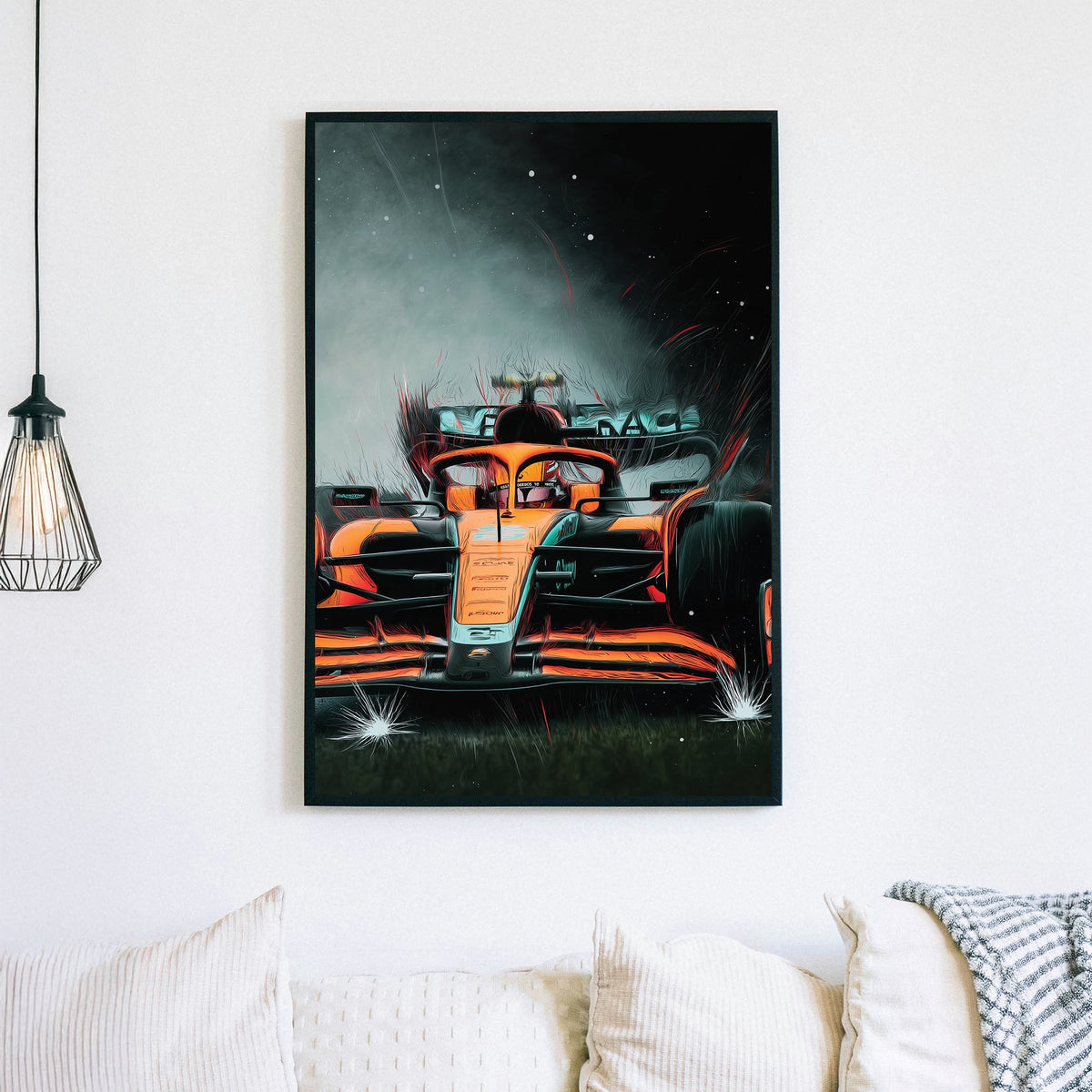 Wall art of a McLaren F1 car racing through mist and sparks