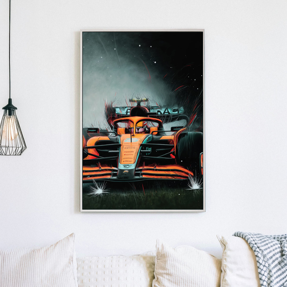 Wall art of a McLaren F1 car racing through mist and sparks