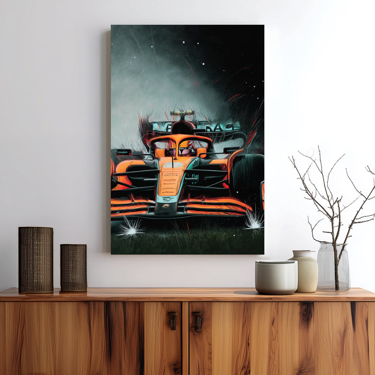 Wall art of a McLaren F1 car racing through mist and sparks